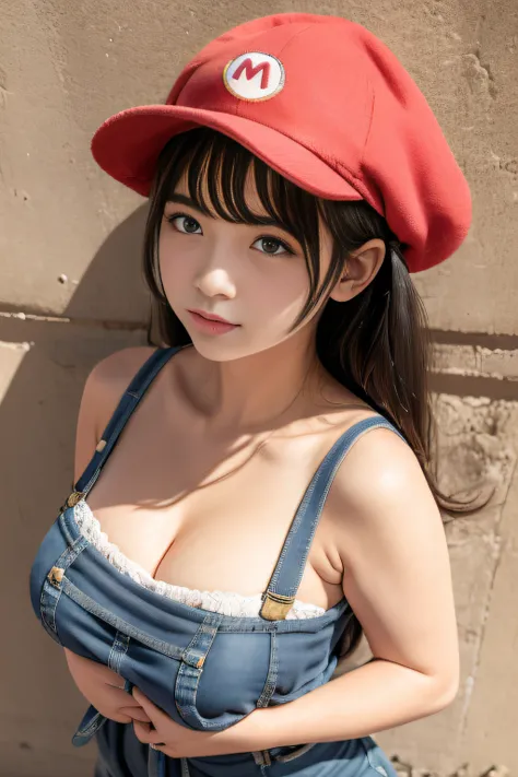 Muchirimchi、kawaii、She wears Marios blue suspenders，Wearing Marios hat，Short black hair、college girl，On the streets of the city，Close-up of plush toy holding pink nose in hand, a picture by Alexander Fedosav, pexels, cobra, plush mascot, gigantic titan win...