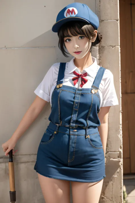 Muchirimchi、kawaii、She wears Marios blue suspenders，Wearing Marios hat，Pipe tools in hand，Short black hair、college girl，On the streets of the city，