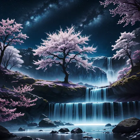 （HighestQuali，astonishing detail：1.25），mont，（Mist：0.9），（waterfallr：0.8），（the cherry trees：1.3），（cinematic compositions：1.3），（dream magical：1.3），hoang lap，Blue Flame，Plasma，Particle effect，Crystal clear texture，Vibrant colors,（Skysky），the space，starrysky,Sk...