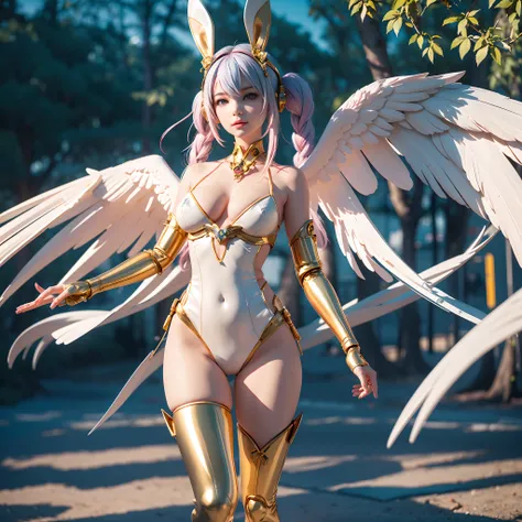 wide wide shot，(Best quality,Masterpiece:1.2),(cyborg people),（独奏：1.3）,Rabbit ears，Colored hair，((She has a pair of huge feathered wings behind her shoulders)),gold,perfectly proportions,(Her metal mechanical limbs),(Footwear),Slim,Shiny metal。(Facing the ...