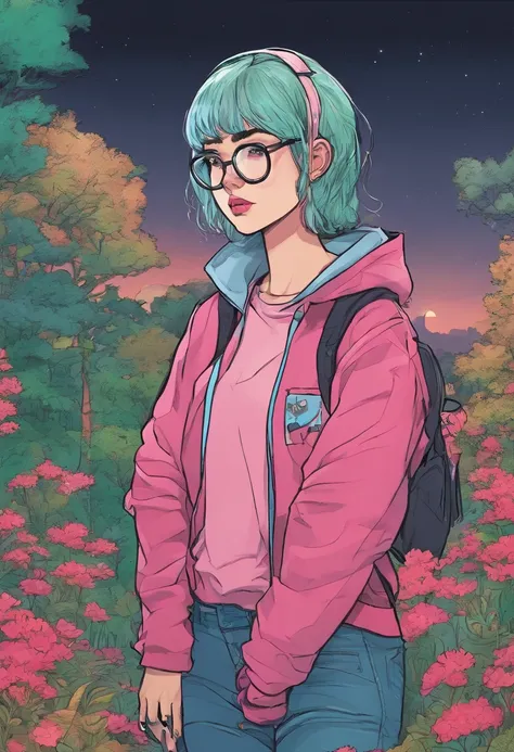 (masterpiece, best quality: 1.2), midnight, forest, dark pink hair, green eyes, pink hoodie, blue jeans, short hair, black eye_glasses, black boots, pale_skin, sleepy, black_earrings, choker, alone, bracelets, 1girl, depressed