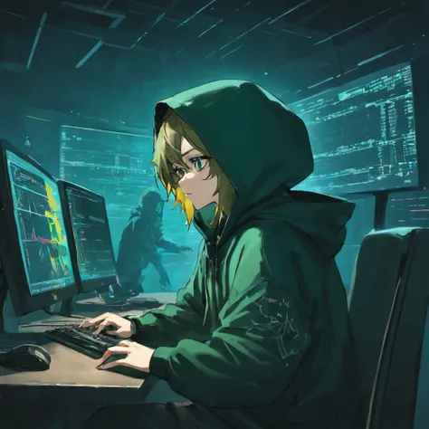 Hacker Male,Glasses,Hooded,Black Eyes,Using a computer in a dark room and open the kali linux operating system on the computer screen, write codes in the terminal in kali linux,Cyber Security