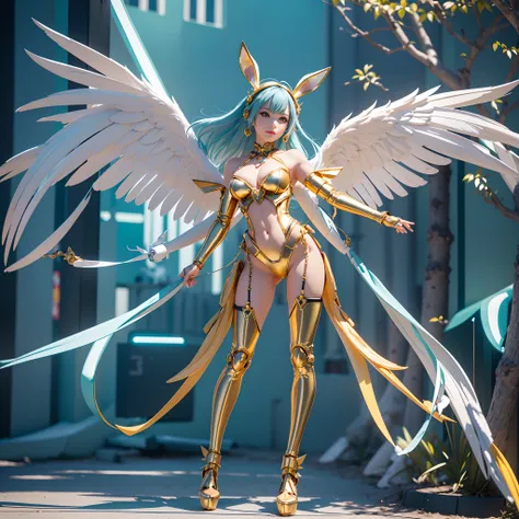 wide wide shot，(Best quality,Masterpiece:1.2),(cyborg people),（独奏：1.3）,Rabbit ears，Colored hair，((She has a pair of huge feathered wings behind her shoulders)),gold,perfectly proportions,(Her metal mechanical limbs),(Footwear),Slim,Shiny metal。(Facing the ...