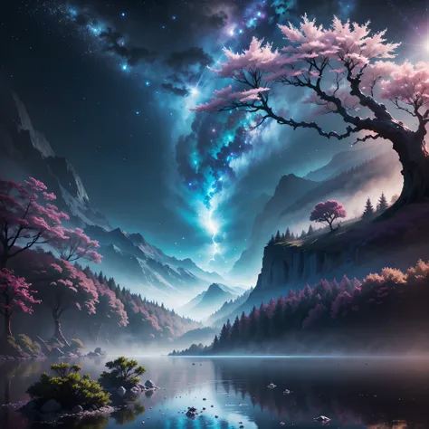 （HighestQuali，astonishing detail：1.25），mont，（Mist：0.9），（waterfallr：0.8），（the cherry trees：1.3），（cinematic compositions：1.3），（dream magical：1.3），hoang lap，Blue Flame，Plasma，Particle effect，Crystal clear texture，Vibrant colors,（Skysky），the space，starrysky,Sk...