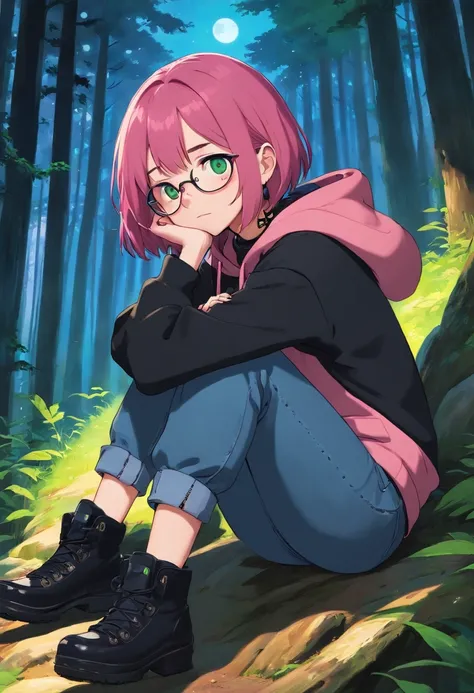 (masterpiece, best quality: 1.2), midnight, forest, dark pink hair, green eyes, pink hoodie, blue jeans, short hair, black eye_glasses, black boots, pale_skin, sleepy, black_earrings, choker, alone, bracelets, 1girl, depressed