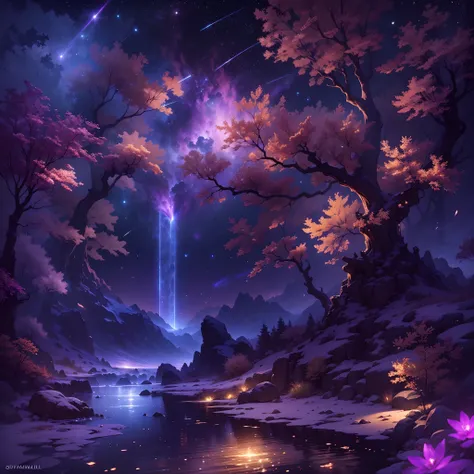 （HighestQuali，astonishing detail：1.25），mont，（Mist：0.9），（waterfallr：0.8），（the cherry trees：1.3），（cinematic compositions：1.3），（dream magical：1.3），hoang lap，Blue Flame，Plasma，Particle effect，Crystal clear texture，Vibrant colors,（Skysky），the space，starrysky,Sk...