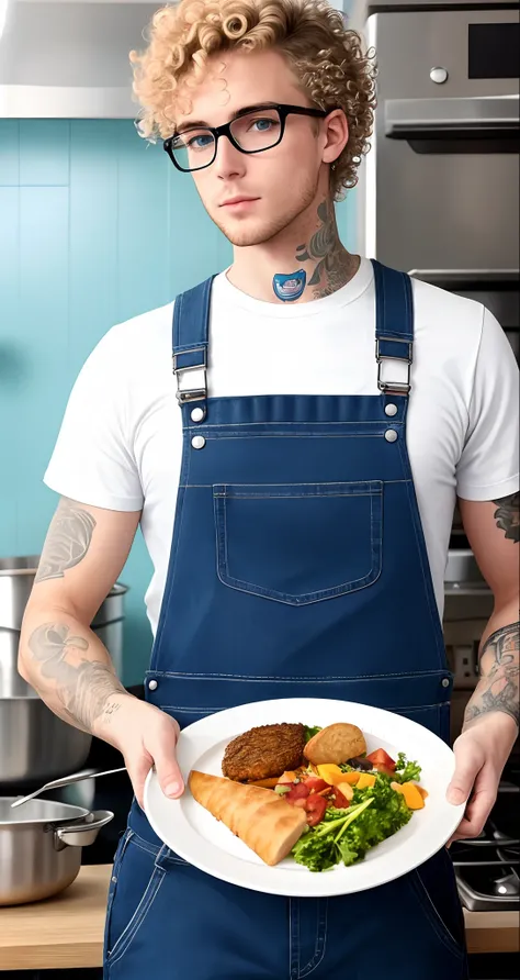 A 30-year-old white-skinned male, dressed in casual attire, Wearing blue overalls，american retro style, Keep your head down and cook，Break, transparent background, Tattoos on both hands，Curly hair black，Wear glasses，American retro style，tidal current