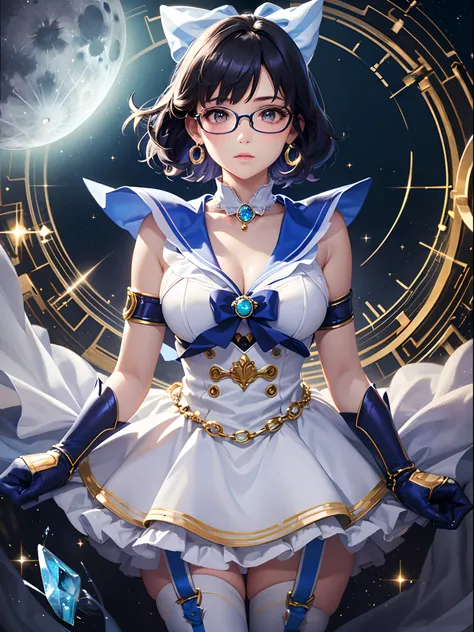 best quality,masterpiece,reality:0.4,1girl ,moonlight,under the moon,at night,full body shot,rich background,Ami Mizuno,Sailor Mercury,Sailor suit, blue hair, blue pupils, glasses, gloves, boots,curly hair, short hair over the ears, earrings,high heels, pr...