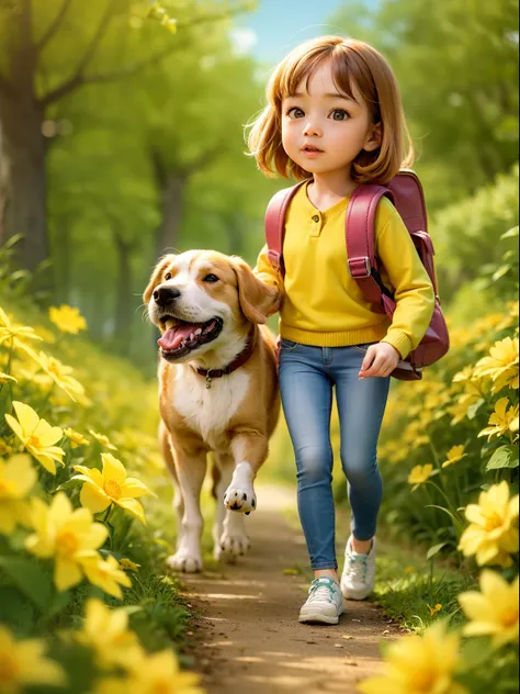 A very adorable little girl with a backpack and her cute puppy enjoying a beautiful spring walk surrounded by beautiful yellow flowers and nature. The illustration is a high-definition illustration in 4K resolution with very detailed facial features and ca...