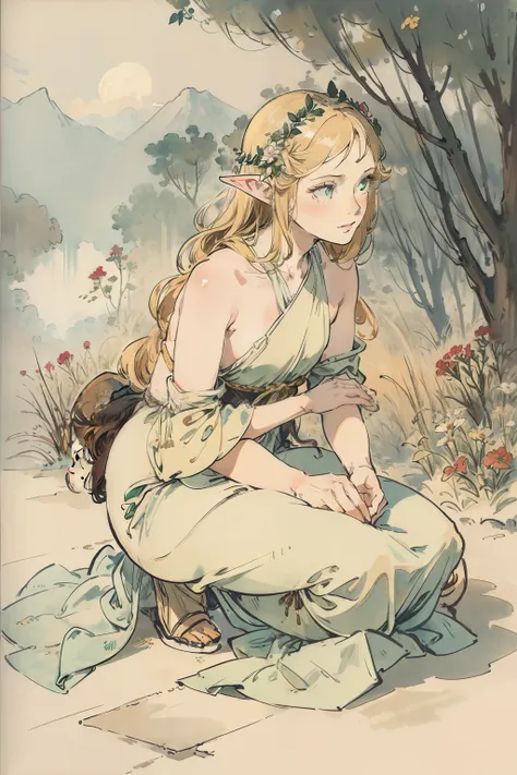 SFW,masutepiece, Best Quality, High resolution, 1girl in, Full body, Details Girl, detail hands, Detail fingers, Detail Face, detail legs, 1girl in, elf, Looking down, Flower Garden, Black sky, smog, watercolor paiting, pale skin, Petite, Blonde hair, Long...