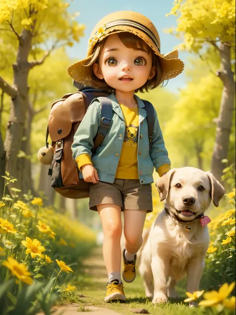 A very adorable little girl with a backpack and her cute puppy enjoying a beautiful spring walk surrounded by beautiful yellow flowers and nature. The illustration is a high-definition illustration in 4K resolution with very detailed facial features and ca...