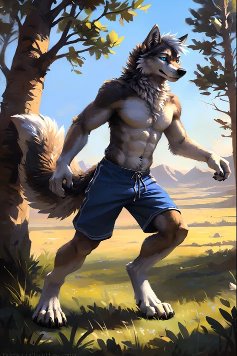 ((Solo)), male people, anthro wolf, (Multi-colored fur, White-brown:1.3，White tail pointed), ((Wolf face, White hair, Big eyes, White eyelids, Blue pupil, Slim:1.2) (Tough, Calm expression:1.2)), Abs, Slim, pinging)), (Correct anatomy), (Work shorts:1.1), ...