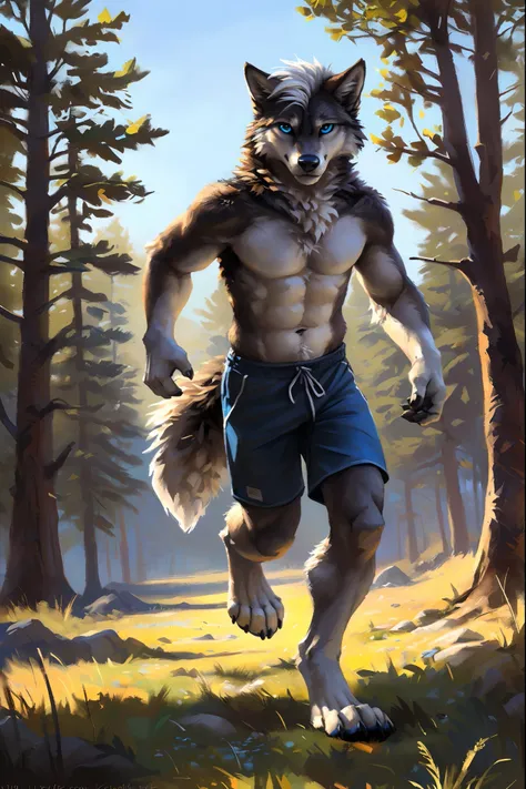 ((Solo)), male people, anthro wolf, (Multi-colored fur, White-brown:1.3，White tail pointed), ((Wolf face, White hair, Big eyes, White eyelids, Blue pupil, Slim:1.2) (Tough, Calm expression:1.2)), Abs, Slim, pinging)), (Correct anatomy), (Work shorts:1.1), ...