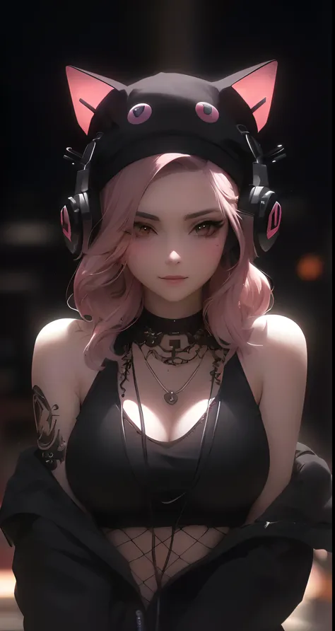 Chica anime con auriculares y orejas de gato sentada en el suelo, Obras de arte al estilo de Guweiz, Estilo anime 4K, Arte detallado de alta calidad 8K, Anime style. 8k, Ross Tran 8 K, Chica de anime cyberpunk, Arte digital cyberpunk anime, Arte detallado ...