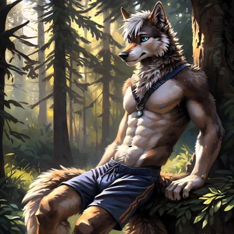 ((Solo)), male people, anthro wolf, (Multi-colored fur, White-brown:1.3，White tail pointed), ((Wolf face, White hair, Big eyes, White eyelids, Blue pupil, Slim:1.2) (Tough, Calm expression:1.2)), Abs, Slim, pinging)), (Correct anatomy), (Work shorts:1.1), ...