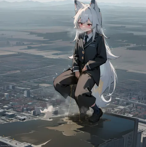 NSFW，Clouds， view over city， mountain ranges， the sea，Masterpiece, Best quality, Highly detailed,Masterpiece,Best quality,offcial art,Extremely detailed Cg Unity 8K wallpaper，{{{Giantess}}}，Giant，1girll，modern miniature city，Mare，Peeing，No shoes，{Black sto...