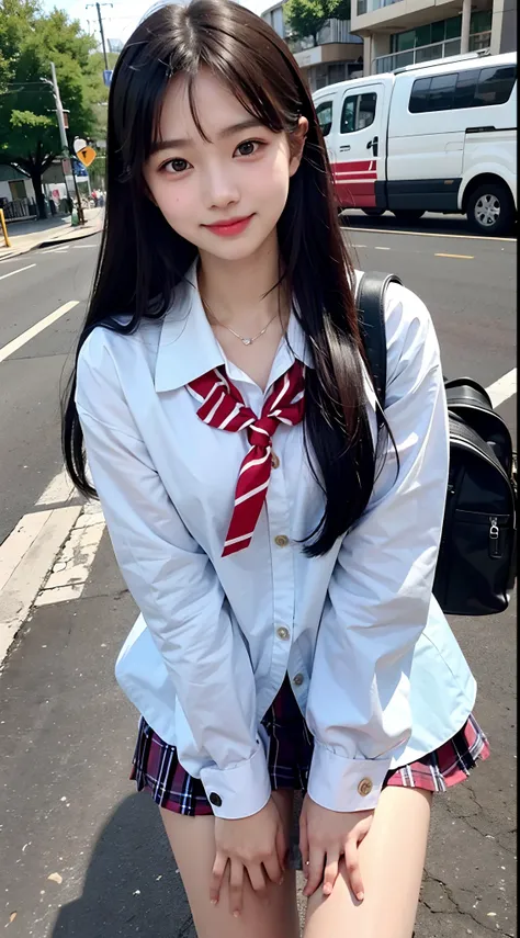 4K.masutepiece、supreme、17-year-old female、in school uniform、a smile、In the street、Looking at the camera