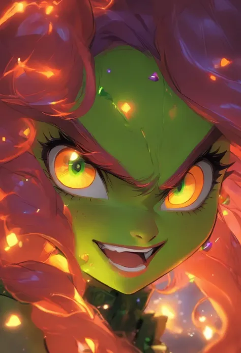 chica anime pelo rizado flouresente brillante, Color Purple Neon Orange Neon Neon 繪畫，Leprechaun core，Fantasy leprechauns，Leprechaun Art Leprechaun Girl，​masterpiece，Best quality，Portrait of the face，Round steampunk glasses，Green skin，Treacherous expression...