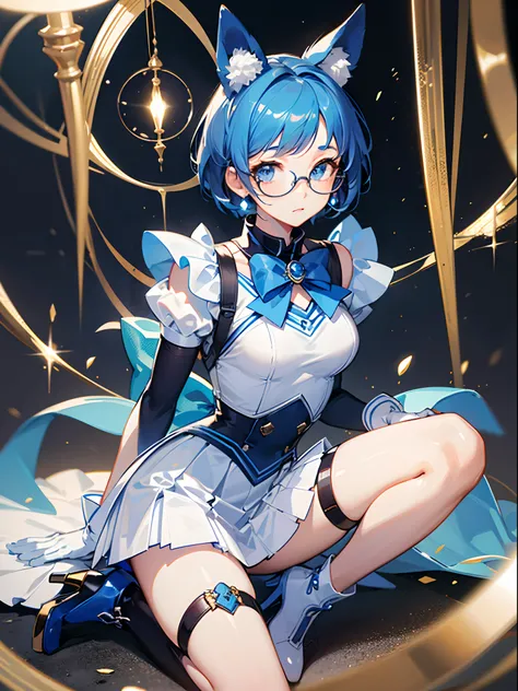 best quality,masterpiece,18 years old,1lady,adorable face,kawaii,bishojo,at night,full body shot,rich background,Sailor Mercury, blue hair, blue eyes, glasses,long lace gloves,short hair over the ears,White pure blue skirt, blue collar,light blue bows on t...