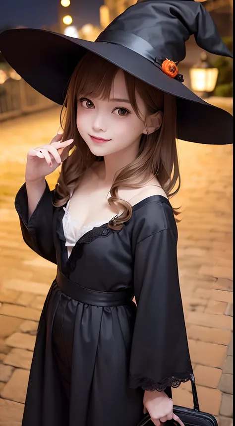 (hight resolution、hiquality、masutepiece、​masterpiece、hightquality)、独奏、17 age , cute little、japanes、1girl in, trick or treat, Halloween, jack-o-lanterns, Basket with lots of candy, ((Highly detailed witch costumes:1.2, robe, Witchs Pointing Hat)), (Vampire ...