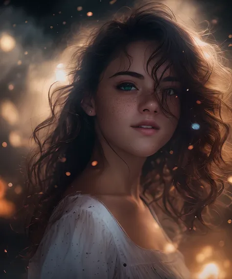 a closeup of a, handsome girl, Physical rendering of a photo of an 18-year-old girl, Curls, freckles, unbuttoned, white blouse, Black background, Light on the face, dream, Magical atmosphere, Cinematic lighting, embers, Fantasy, action pose, mist, Photo by...