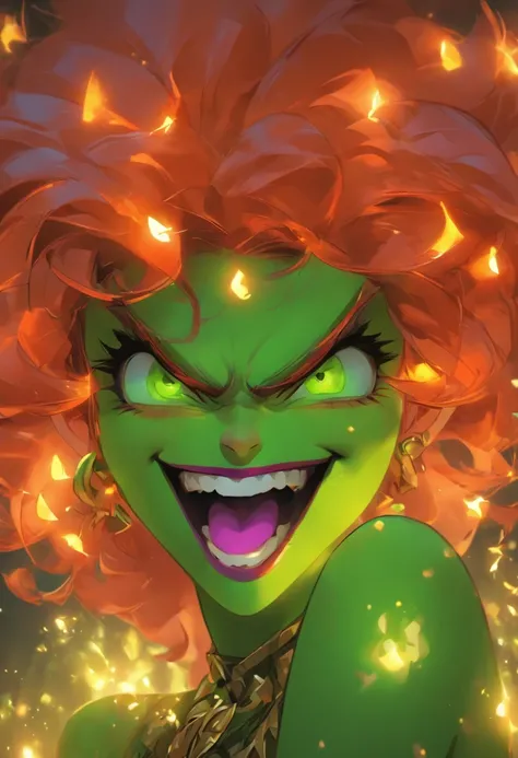 chica anime pelo rizado flouresente brillante, Color Purple Neon Orange Neon Neon 繪畫，Leprechaun core，Fantasy leprechauns，Leprechaun Art Leprechaun Girl，​masterpiece，Best quality，Portrait of the face，Round steampunk glasses，Green skin，Treacherous expression...