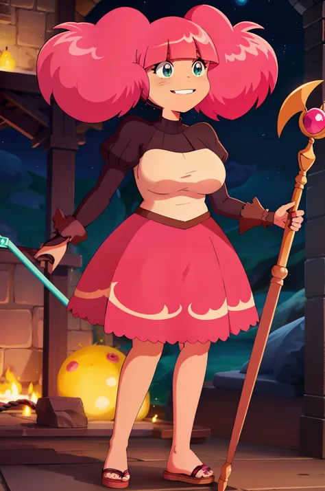 Rosemary, cheveux roses, grosse poitrine,smile, staff, full body standing, pink hair, tall, curvy, big breast, pullover, venus body, large skirt,chocovenus, flipflops