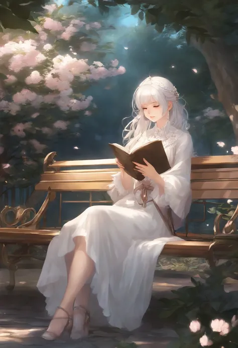 anime girl sitting on a bench reading a book, white haired deity, cute anime waifu in a nice dress, anime visual of a cute girl, beautiful fantasy anime, anime goddess, ethereal anime, old artbook, guweiz, artbook artwork, beautiful anime girl, light novel...