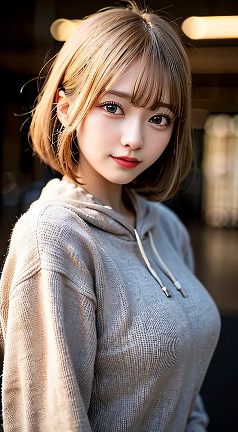 (8K, Raw photo:1.2)Detailed face and eyes,Best Quality, 超A high resolution, Highly detailed ,intricate detailes ,masutepiece ,Cute Girl , Soft cinematic light, Hyper-detailing,Sharp Focus, High quality, Blonde hair, bob cuts, tits out, Hoodie,skinny pants