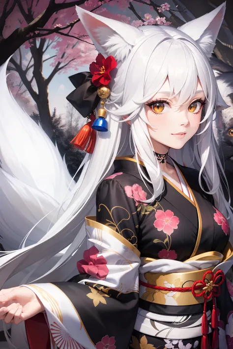 Adult Woman, long white hair, Fox ears, fox tails, Golden Eyes, black and white eyes, Kimono, ssmile, masutepiece, hiquality、Tattoos on the face、gazing at viewer