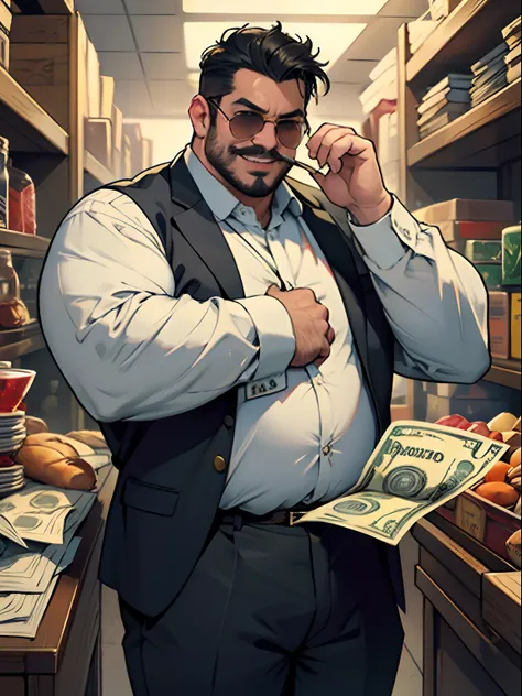 ​masterpiece,top-quality,Day Trader Man,The man who made a lot of money overnight,Fat,Fat Man,A dark-haired,Short legend,mustache,Wear sunglasses,I have a big stomach,Face is large,Guts Pose,a smile,Open your mouth and laugh,Sweating,Flying banknotes,Flyin...