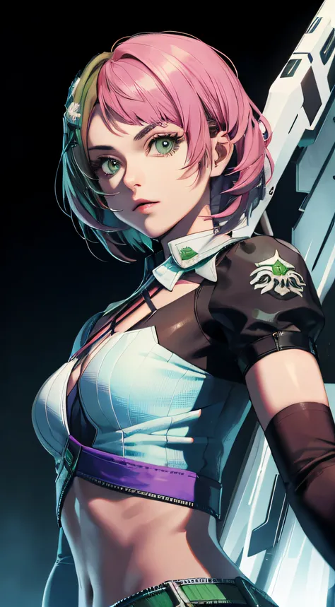 Alisa Rosto bonito, Perfect green symmetrical eyes, cabelo curto rosa multicor, mechanical wings, tekken