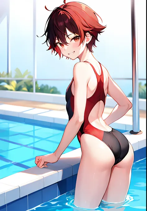 Anime boy in swimsuit standing in pool, onepiece swimsuit, High-cut swimwear, U-back swimsuit, rating:safe, solo, smile, Boy with short red hair, Boy standing by the pool, Competitive swimsuit, grin, looking_at_viewer, Show your ass, , Cool boy in black an...