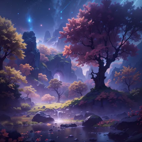 （HighestQuali，astonishing detail：1.25），mont，（Mist：0.9），（waterfallr：0.8），（the cherry trees：1.3），（cinematic compositions：1.3），（dream magical：1.3），hoang lap，Blue Flame，Plasma，Particle effect，Crystal clear texture，Vibrant colors,（Skysky），the space，starrysky,Sk...