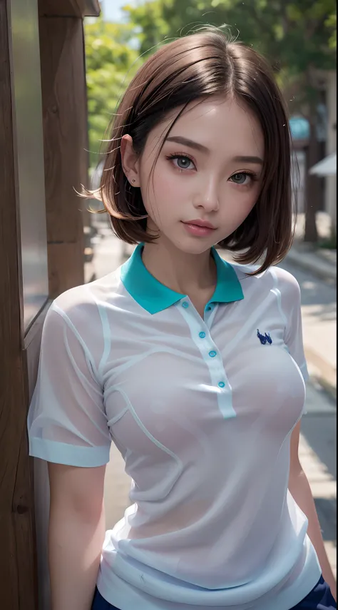 女の子1人、独奏、White polo shirt、White sneakers、Tennis Wear、White mini skirt、​masterpiece、top-quality、realisitic、Hyper-detailing、(Glossy skin、be sweaty:1.5)、absurderes、Looking at the camera、short dark hair、brown-eyed、A slender、动态照明、hight resolution、foco nítido、de...