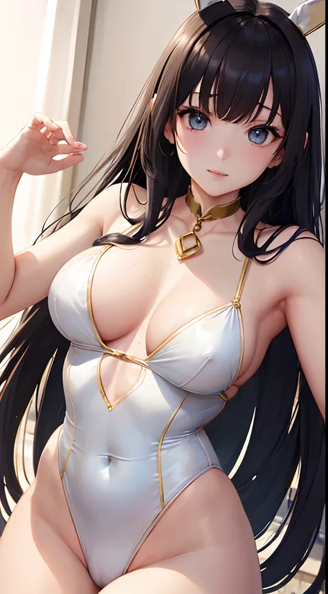 ((top-quality、8K、masuter piece:1.3))、femele、Slender Beautiful Girl:1.3、(Long black hair、爆乳:1.2)、in a house、hyperdetailed face、A detailed eye、Double eyelids,Golden Competitive、Swimsuit、Desportivo、bunny、large full breasts、Realistic Gold，Bunny Girl，Gold One P...