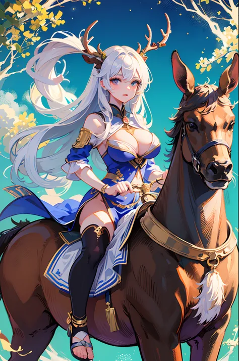 (masterpiece), (best quality), 8k resolution, 1girl, Asian girl, stunning beauty, perfect face, big breast, mature female, 20yo, sexy, deer ear, huge deer horns, long hair, white hair, riding a deer, simple background, full body, deer body, white flowers a...