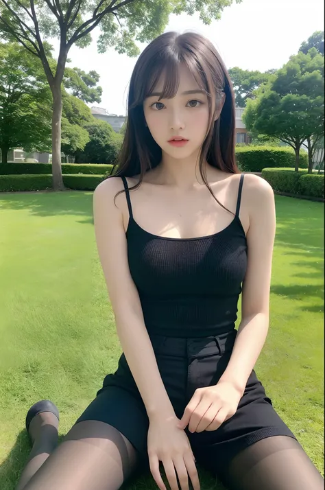 8K, Best Quality, masutepiece, Highly detailed, reallistic, girl with,  20 years old, game_nffsw,  long dark brown hair with bangs,,,,,Curly hair, Green eyes, Black Japanese style cut clothes, White shorts, Wear ultra-realistic pantyhose、Bare shoulders, ma...