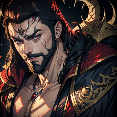 Castlevania Shadow Lord of the shadows hyper realistic super detailed face portrait of handsome muscular lord with fierce beard dracula look crystal bright red beautiful face portrait face beautiful male