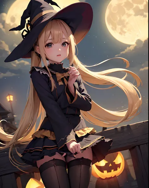 ​masterpiece、hiquality、1girl in、独奏、Marie Rose、cowboy  shot、embarassed expression、(((witch clothing)))、((long robe))、((pantyhose))、(long boots)、natta、Pumpkin Lantern、((a miniskirt))、fullmoon、((Black and yellow skirt))