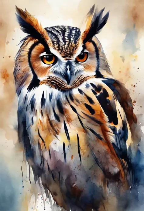 hibou、hibou、Art Par、Artistiquement、3D watercolor summary,background dark,High resolution,High quality,colourfull、abstrait、colourfull