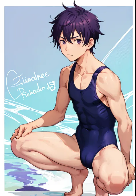 Boy with short purple hair, Boy with purple eyes, Anime boy in swimsuit, onepiece swimsuit, School swim wear, Beautiful anime boy crouching, Cool anime boy squatting, In a one-piece swimsuit, Ecchi anime style, Cool anime boy in a navy blue tanksuit, Schoo...