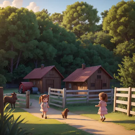 a little girl walking in front of a wooden farm fence, animals in the background, 3D drawing style, high definition, cinematic lighting.