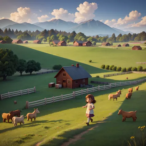 a little girl walking in front of a wooden farm fence, animals in the background, 3D drawing style, high definition, cinematic lighting.