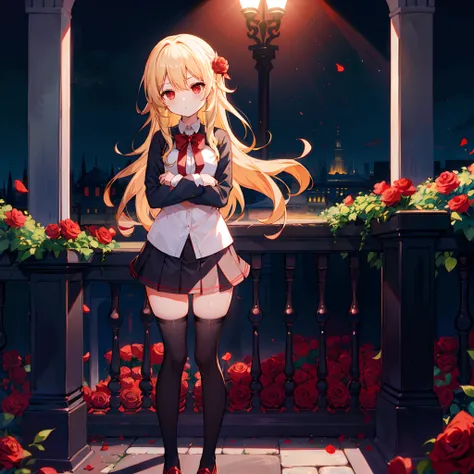 Wavy blonde、red eyes、Beautiful girl alone、a miniskirt、Black tights、rose garden、black panties