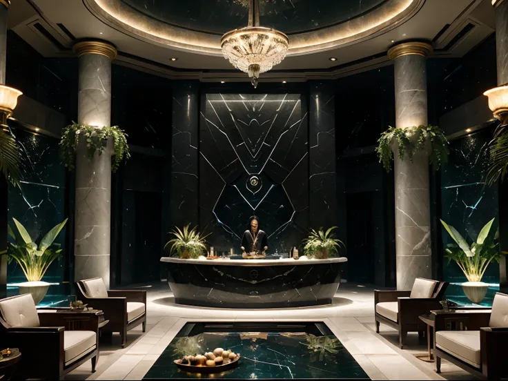 incredible luxurious futuristic interior bar with pool in Ancient Vietnamese style with many ((lush plants)) (lotus flowers), ((palm trees)), rocky walls, (sand), ((amazing waterfalls)), (marble), ((precious minerals)), ((metals)), (gemstones), crystals, c...