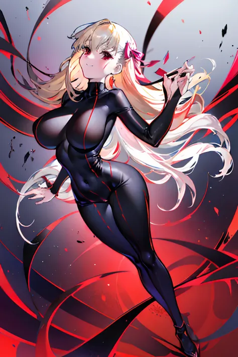 Anime style face　a blond　Black full body suit　Red lines all over the body　huge tit　Big ass　Whip thighs　bare-legged　seductiv　a smile　succubus　Rear view