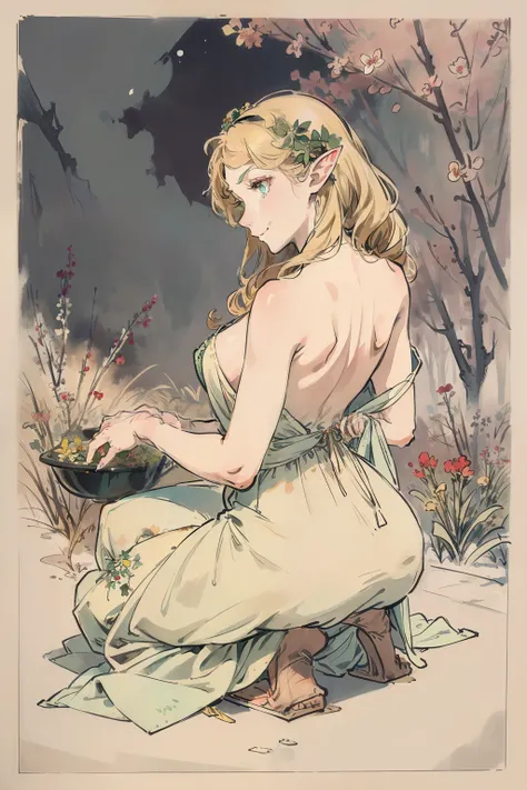 SFW,masutepiece, Best Quality, High resolution, 1girl in, Full body, Details Girl, detail hands, Detail fingers, Detail Face, detail legs, 1girl in, elf, Looking down, Flower Garden, Black sky, smog, watercolor paiting, pale skin, Petite, Blonde hair, Long...