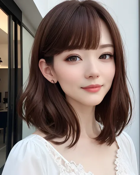 beautiful brown hair、Foreign model、Bob Hair、
White blouses、
(top-quality、8K、32K、​masterpiece)(masutepiece), (Realistic), (Photorealistic: 1.2), (Raw photo: 1.2), (Best Quality: 1.2), (Detailed face: 1.4), (Beautiful detailed eyes: 1.2), (detailed hairs)