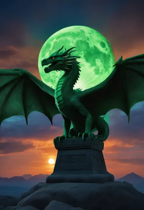 a large green and emerald dragon, sitting on an ancient Egyptian altar, has dark green eyes glowing in the twilight, there are heroglyphs on the walls, in the background you can see a volcano from which blue lava flows. The sky is clear and the full moon i...